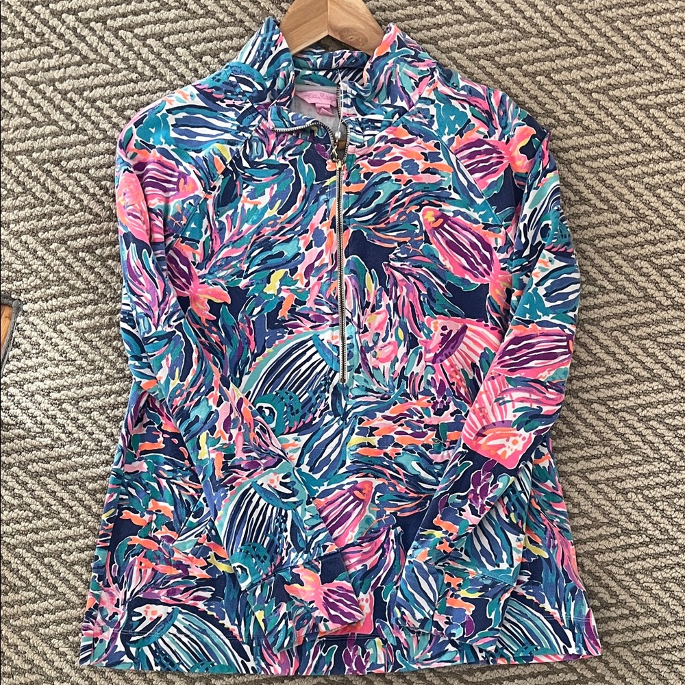 Lilly Pulitzer Blue and Pink Patterned Zip Pullover